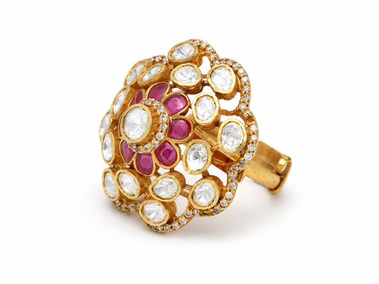 Gold plated 925 silver Padmika Polki ring featuring a lotus-inspired floral design with uncut Polki stones, ruby-colored petals, and handcrafted traditional detailing.