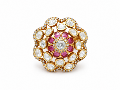 Gold plated 925 silver Padmika Polki ring featuring a lotus-inspired floral design with uncut Polki stones, ruby-colored petals, and handcrafted traditional detailing.
