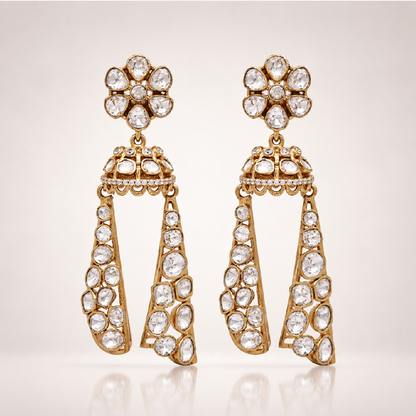 Gold-toned jhumka earrings with long stone-encrusted drops