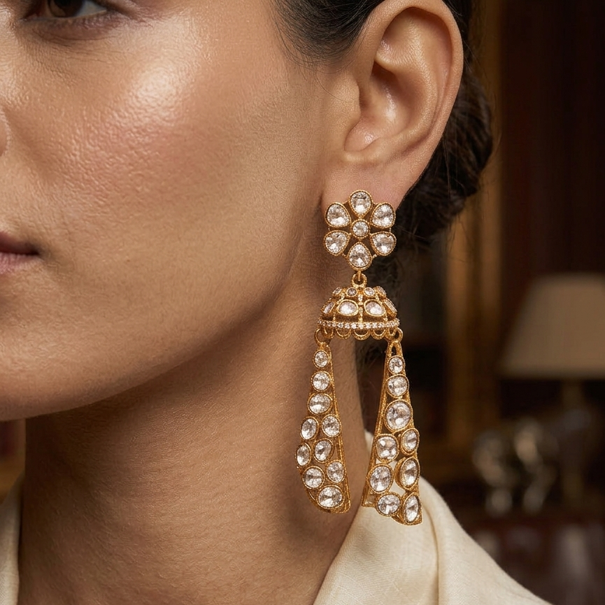 Traditional jhumka earrings with floral white stone detailing