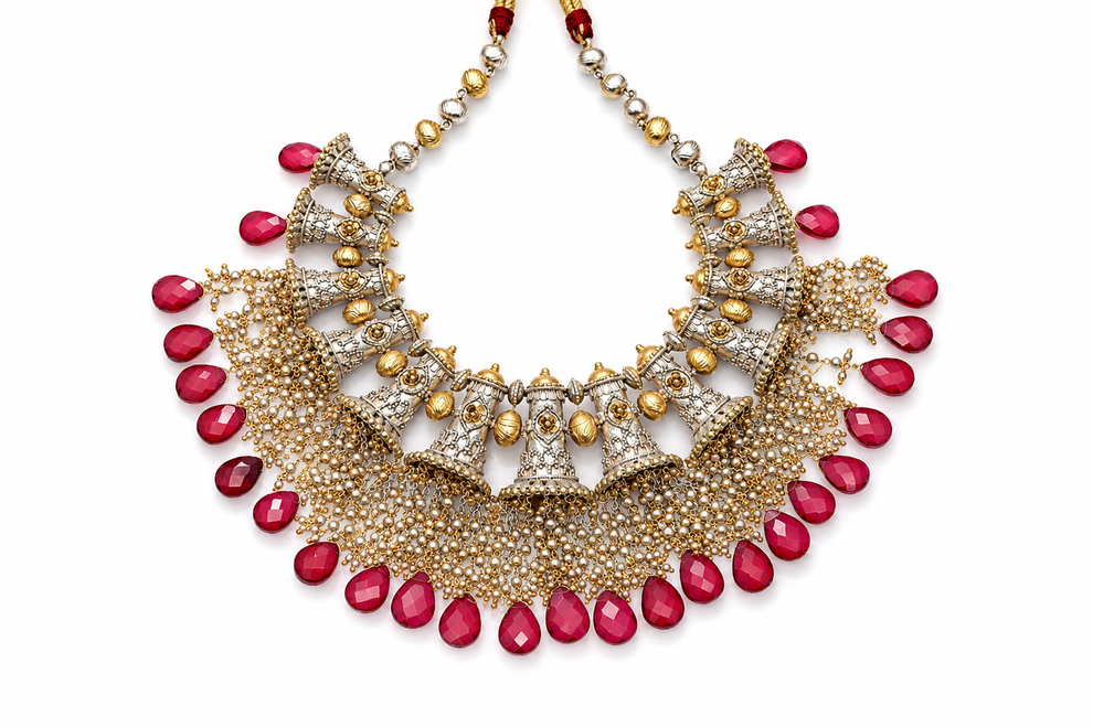 Traditional heritage necklace with red stone drops, pearl detailing and gold silver finish