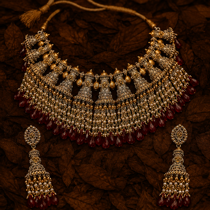 Close-up of intricate heritage necklace with pearl and red stone detailing
