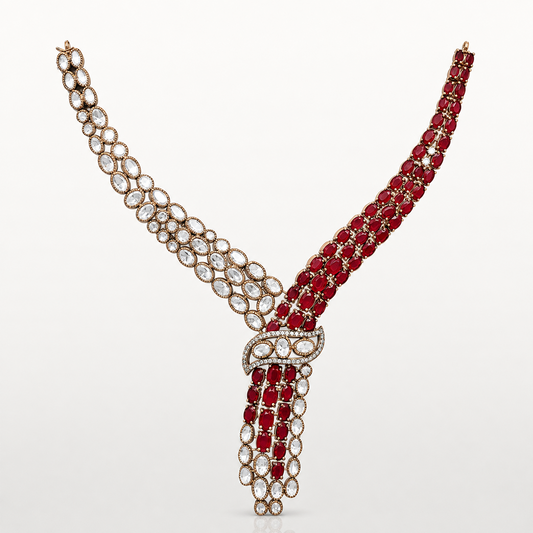 Rangdhara necklace with red and white gemstones in a flowing layered design