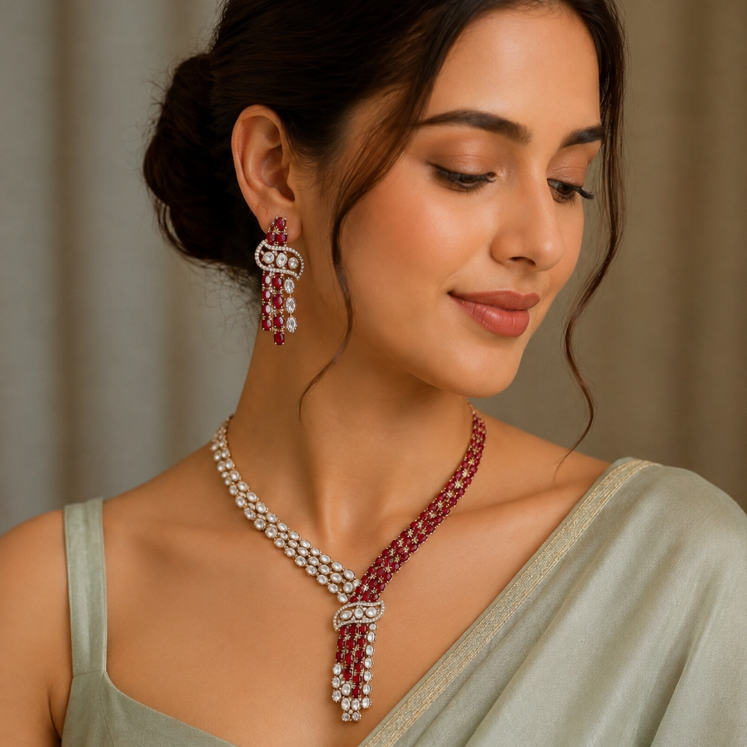 Elegant red and white statement necklace set for wedding and festive wear