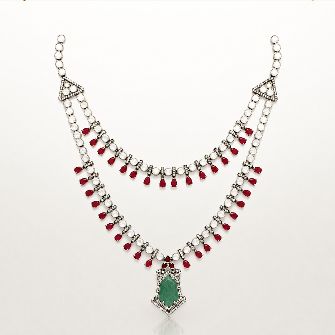 AUTAARA Rangmala heritage necklace set with red, green and white stones