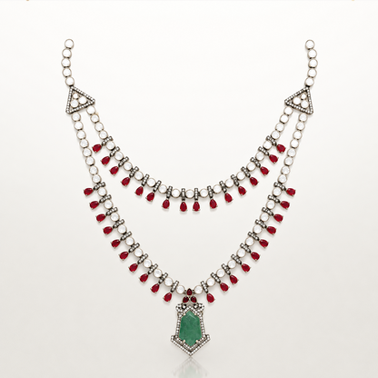 AUTAARA Rangmala heritage necklace set with red, green and white stones