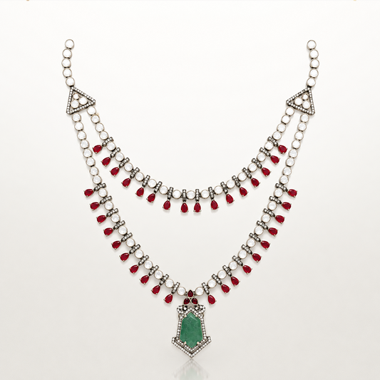 AUTAARA Rangmala heritage necklace set with red, green and white stones