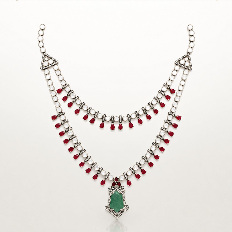 AUTAARA Rangmala heritage necklace set with red, green and white stones