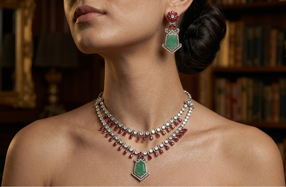 Rangmala red and green heritage necklace set