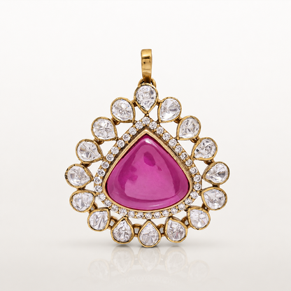 Detailed view of pink centre stone surrounded by white stones on Gulnaar pendant