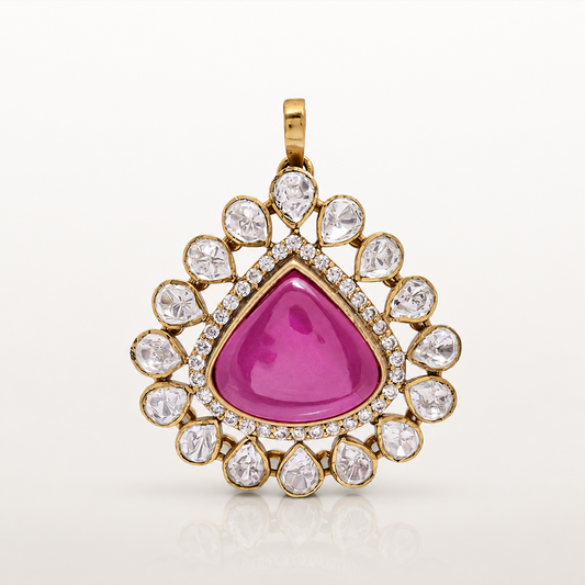 Detailed view of pink centre stone surrounded by white stones on Gulnaar pendant