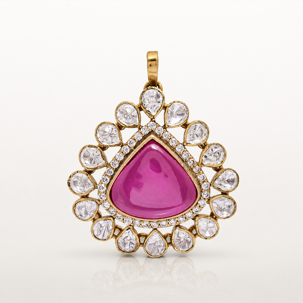 Detailed view of pink centre stone surrounded by white stones on Gulnaar pendant