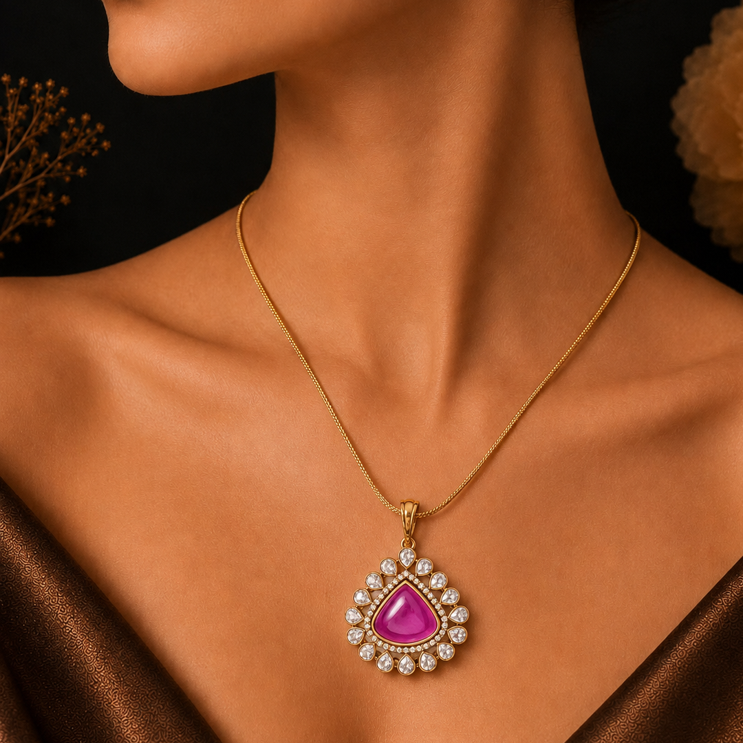 Ruhani Pink Pendant worn with traditional attire