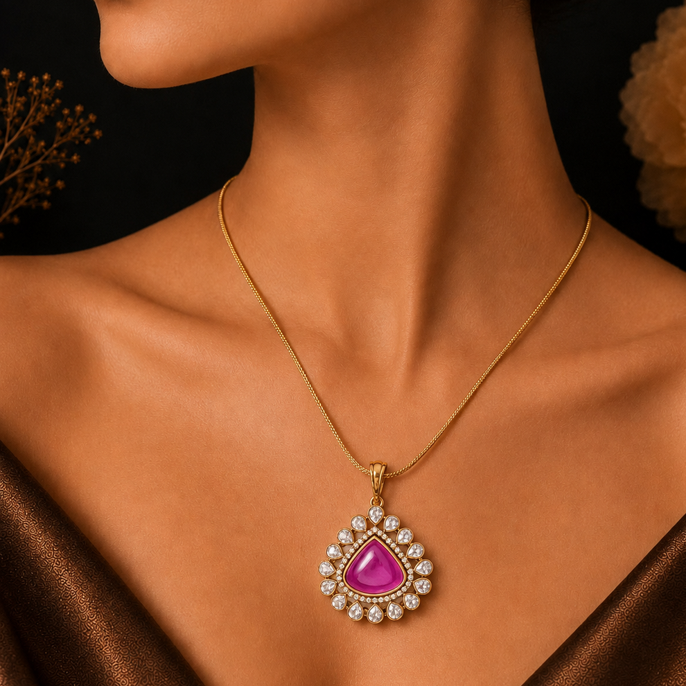 Ruhani Pink Pendant worn with traditional attire