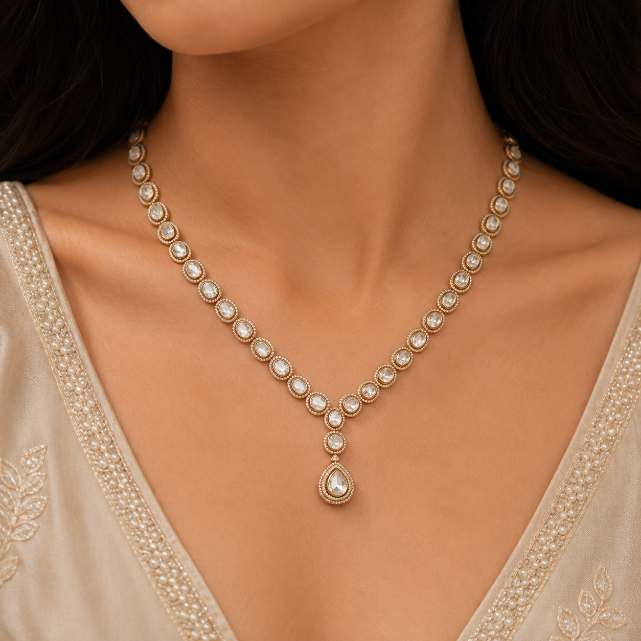 Elegant clear stone necklace with central teardrop pendant