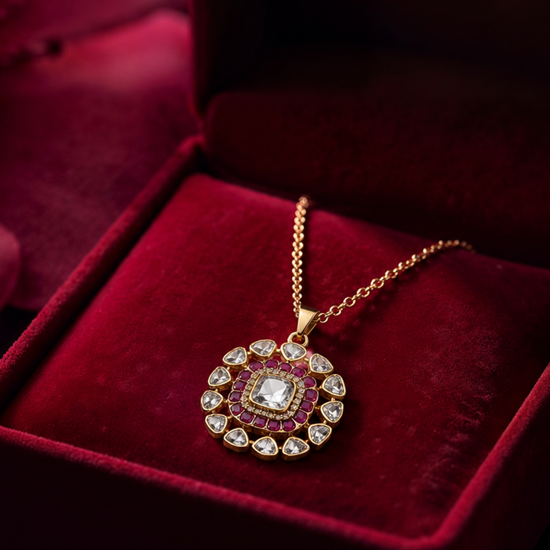 Floral gold tone pendant with central white stone and pink gemstones