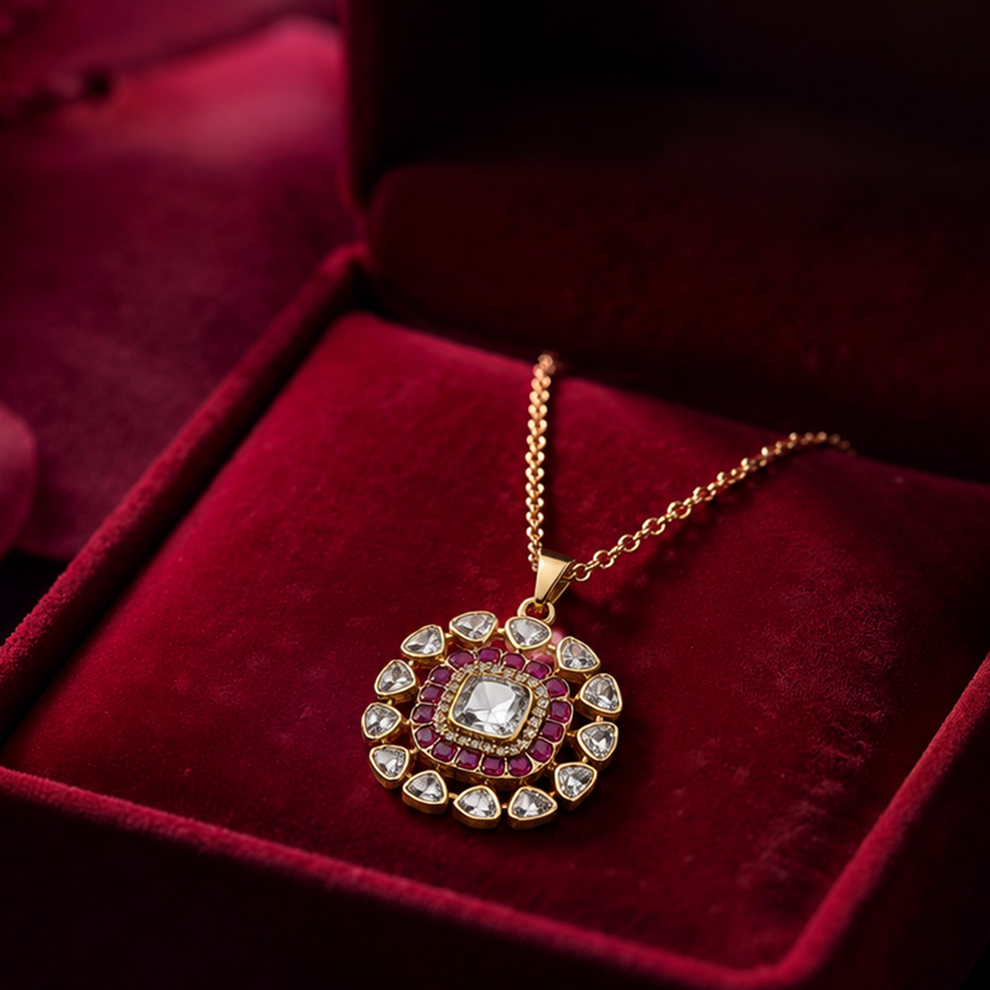 Floral gold tone pendant with central white stone and pink gemstones