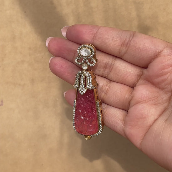 Traditional 925 silver earrings with pink carved gemstone drops and zircon detailing in a vintage-inspired design