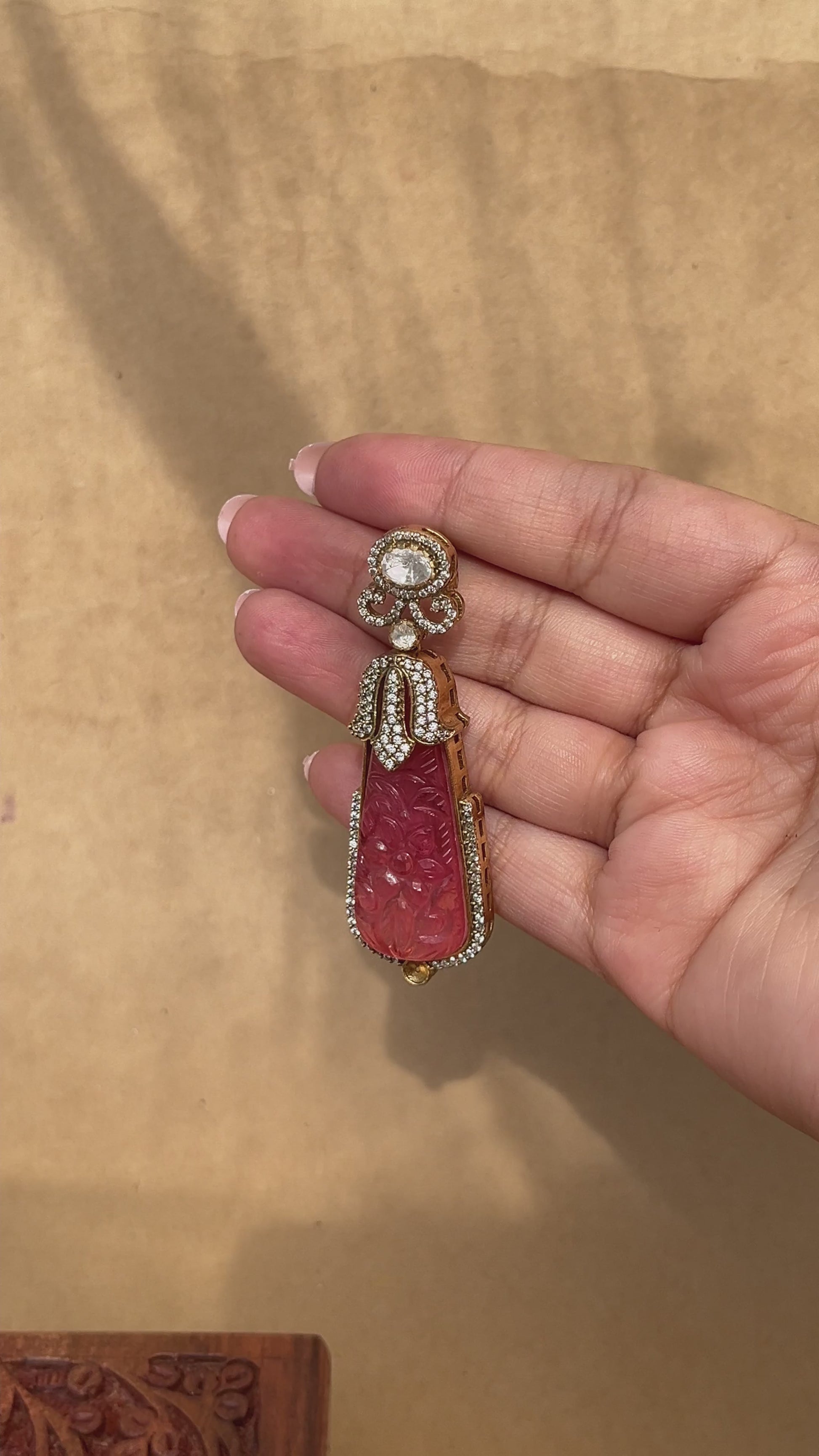 Traditional 925 silver earrings with pink carved gemstone drops and zircon detailing in a vintage-inspired design