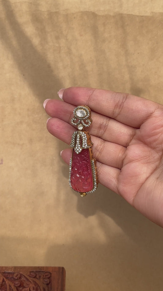 Traditional 925 silver earrings with pink carved gemstone drops and zircon detailing in a vintage-inspired design