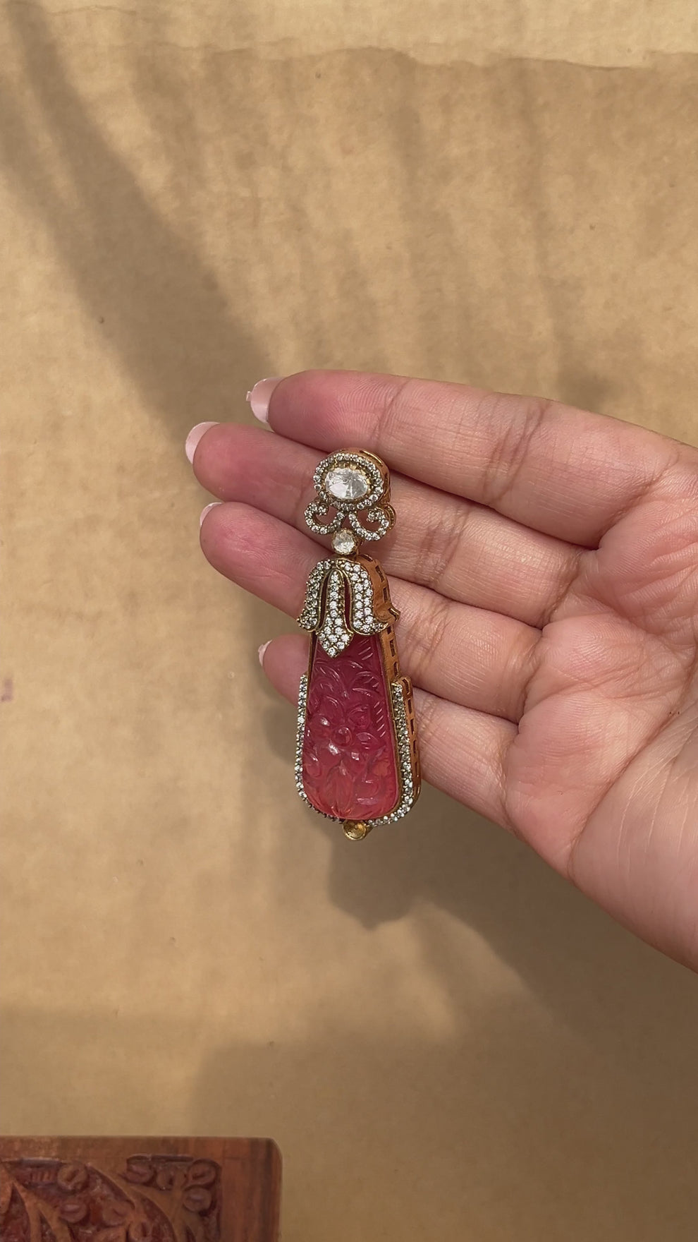 Traditional 925 silver earrings with pink carved gemstone drops and zircon detailing in a vintage-inspired design