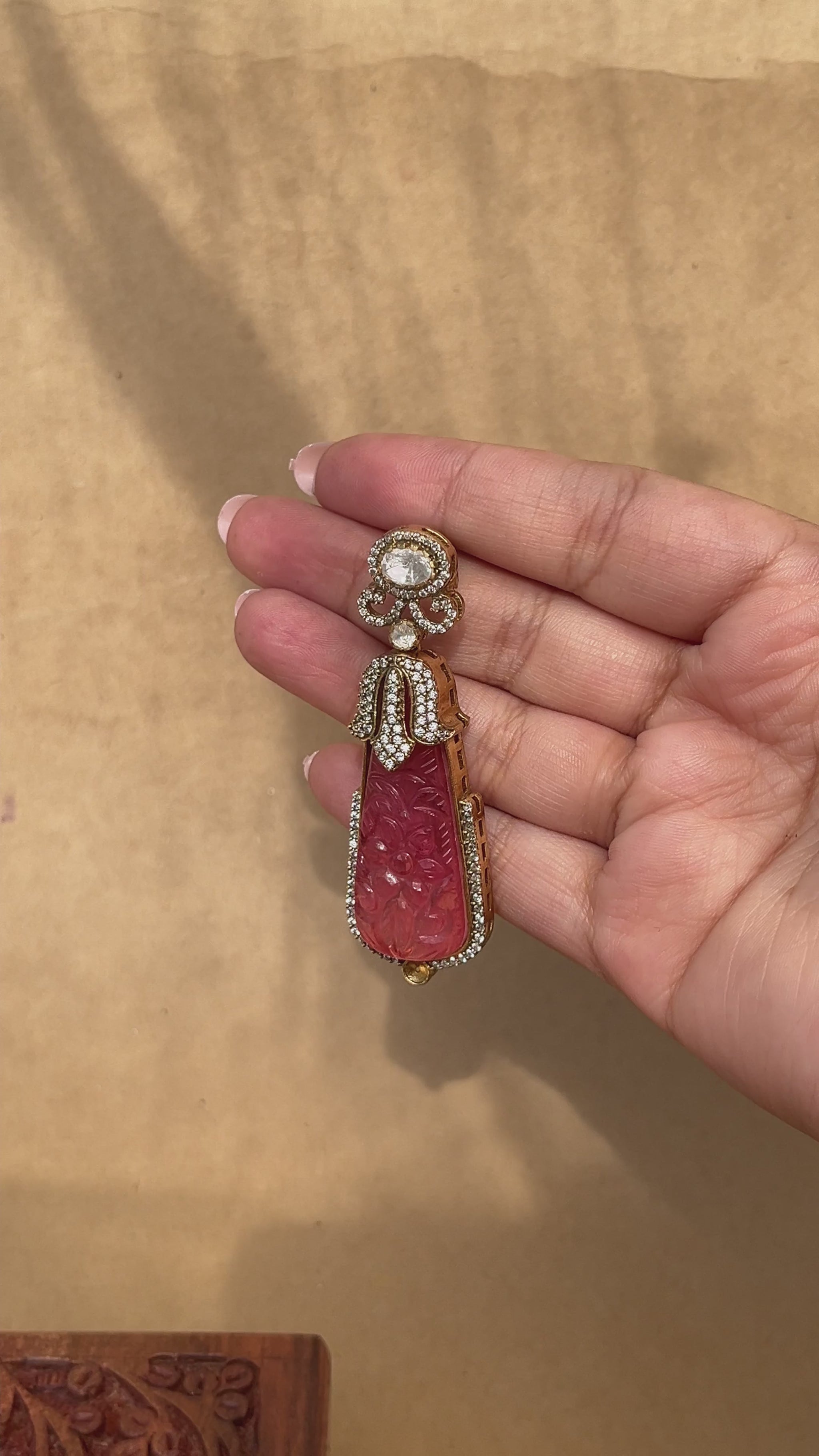 Traditional 925 silver earrings with pink carved gemstone drops and zircon detailing in a vintage-inspired design